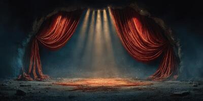 Dramatic stage with red curtains and spotlight beams creating a mystical atmosphere in an empty performance space photo