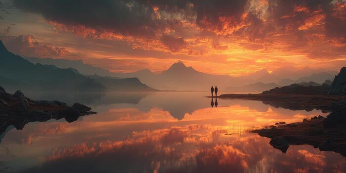 Couple enjoys a romantic sunset reflection on a serene lake surrounded by mountains at dusk photo