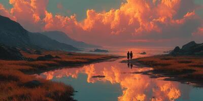 Sunset stroll along a serene coast with vibrant clouds reflecting on tranquil water photo
