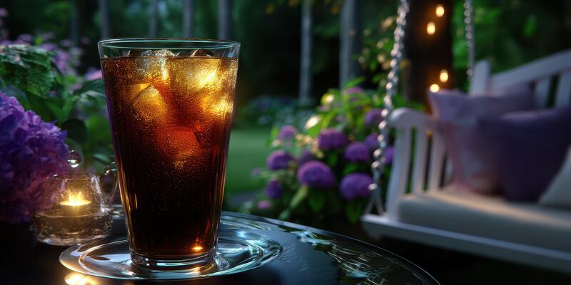 Sparkling drink filled with ice beside colorful flowers on a warm evening in a garden