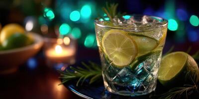 Refreshing cocktail with fresh limes and herbs served at a cozy bar during an evening gathering photo