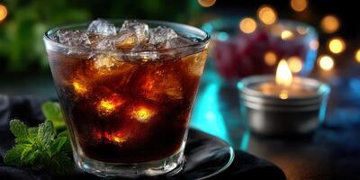 Refreshing drink served in a glass with ice and mint under soft lighting at a cozy evening setting photo