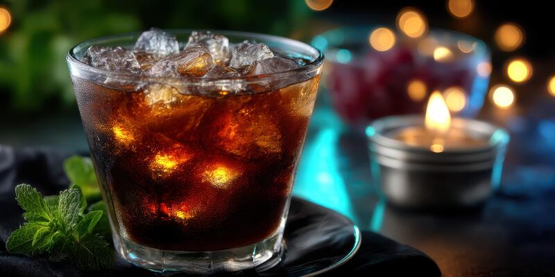 Refreshing drink served in a glass with ice and mint under soft lighting at a cozy evening setting