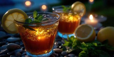 Refreshing iced tea drinks with lemon and mint in a serene evening setting by the water photo