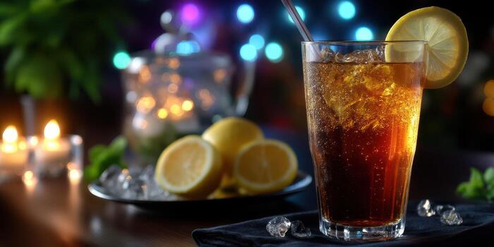 Refreshing iced tea with lemon served at a cozy evening gathering in a warm, inviting atmosphere photo