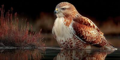Red-tailed hawk perched in shallow water near reeds under soft evening light in nature setting photo
