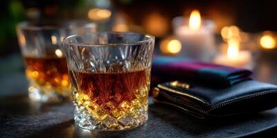 Whiskey glasses with warm glow from candles in an intimate setting during evening relaxation photo