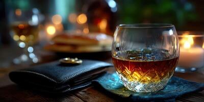 Warm evening with whiskey and candlelight on a rustic table near a cozy fireplace photo