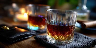 Elegant whiskey glasses with rich amber liquid on a cozy wooden table during an intimate evening setting photo