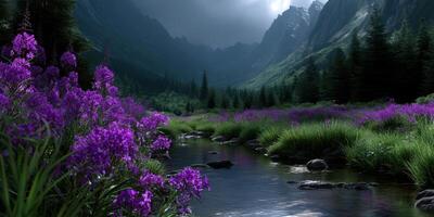 Mountains frame a serene river surrounded by vibrant purple flowers under cloudy skies photo