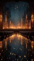 Elegantly decorated theater interior reflecting twinkling lights and trees during a serene evening photo