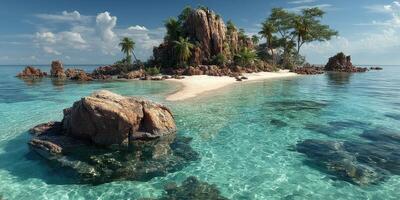 Tropical island getaway with crystal clear waters and lush greenery under a bright blue sky photo