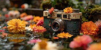 Vintage camera surrounded by colorful flowers in serene water setting during warm daylight photo