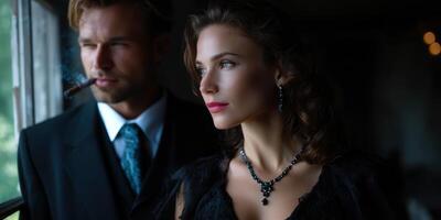 Elegant couple gazing out a window in vintage attire during a moody evening in an upscale setting photo
