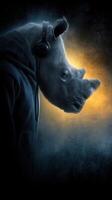 Rhinos wear headphones and hoodies, showcasing a unique blend of wildlife and modern culture in a surreal setting photo