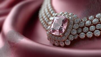 Luxurious pink gemstone necklace elegantly displayed on soft satin fabric in a beautifully lit setting photo