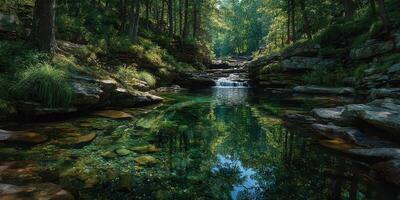 Serenity of a tranquil forest stream with gentle cascades reflecting sunlight on clear water photo