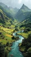 Serene river winding through lush green valley surrounded by majestic mountains in a tranquil landscape during daylight photo