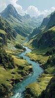 Breathtaking natural landscape with winding river and majestic mountains during a sunny day photo
