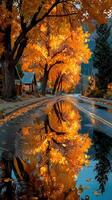 Beautiful autumn landscape featuring vibrant orange trees reflecting on a rain-soaked road in a quiet neighborhood photo