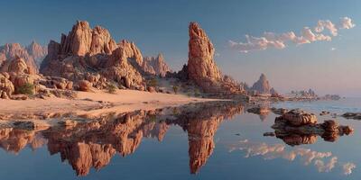 Serene coastal view with rocky formations and water reflections during sunset in a tranquil landscape photo