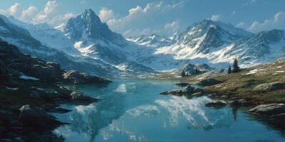 Majestic snow-capped mountains reflect in tranquil lake under clear blue sky at dawn with lush greenery photo