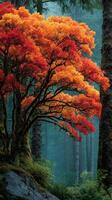 Vibrant autumn foliage illuminates a misty forest landscape in Pacific Northwest photo