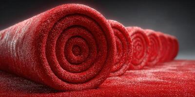Red rolled blankets arranged neatly on a surface with a dark background creating a cozy and inviting atmosphere photo