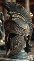 Intricate ancient warrior helmet displayed in a historical artifacts museum during a cultural exhibit on military history photo
