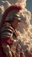 Roman soldier in ornate armor stands vigil amidst dramatic clouds at sunset photo