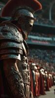 Roman soldier stands proudly in full armor during a grand display at a historical reenactment event in an ancient arena photo