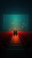 Couple enjoying a quiet moment in a dimly lit cinema with empty red seats and a glowing screen photo