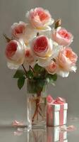 Beautiful bouquet of pink roses with a wrapped gift on a table showcasing elegance and celebration photo