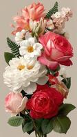 Bright and vibrant floral arrangement featuring various roses and blooms in shades of pink, white, and red against a neutral background photo