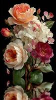 Beautiful arrangement of roses and hydrangeas against a dark background photo