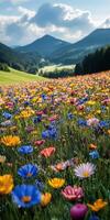 Colorful wildflower meadow in the countryside under a bright sky in late spring photo