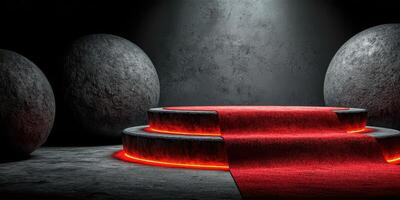 Illuminated red carpet leading to a circular stage in a dark, modern setting with large spheres in the background photo