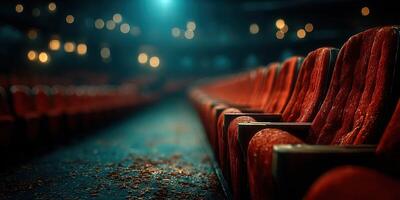 Rows of empty red theater seats illuminated by soft blue lighting creating an atmosphere of nostalgia in a quiet auditorium photo