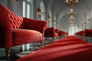 Elegant red velvet seating on a plush crimson carpet in an opulent hall adorned with chandeliers photo