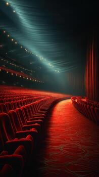 Empty theater hall with red seats and dramatic lighting creates an inviting atmosphere for performances photo