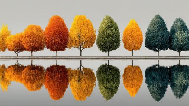 Vibrant autumn trees reflected in calm water under clear sky at a serene lakeside location photo