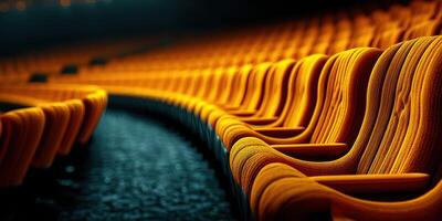 Rows of vibrant orange theater seats in a dimly lit auditorium during a performance photo