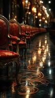 Elegant chairs line a dimly lit corridor with intricate designs and warm lighting in a lavish setting photo