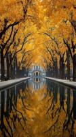 Vibrant fall colors reflect in serene waterway surrounded by golden trees in a tranquil park setting photo