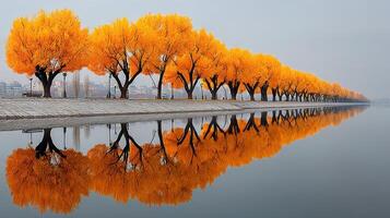 Vibrant autumn trees line a serene lake reflecting golden foliage in a calm environment photo