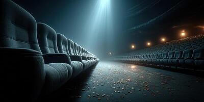 Empty theater seats illuminated by a single beam of light during a quiet moment at dusk photo