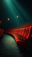Elegant red cinema seats illuminated by soft lighting in an empty theater during the evening photo