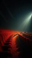 Empty theater with red velvet seats illuminated by soft spotlight in dark setting photo
