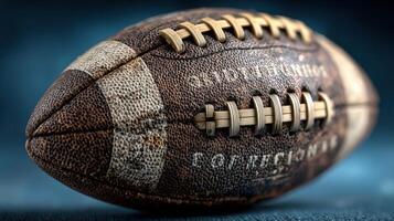 Old leather football resting on a blue background showcasing its worn texture and laces photo
