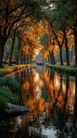 Serene autumn evening by the river with golden reflections and picturesque houses in the background photo
